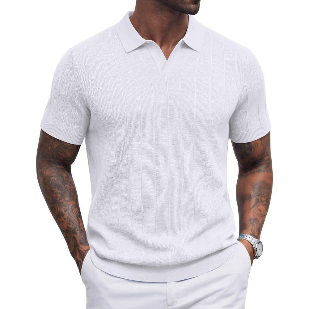 imageCOOFANDY Mens Knit Polo Shirts V Neck Short Sleeve Ribbed Textured Polo Shirt Stretch Casual Golf Shirts Collared T ShirtWhite