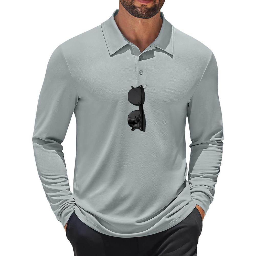 imageCOOFANDY Mens Polo Shirt Long Sleeve Moisture Wicking Sun Protection Quick Dry Golf Shirts Lightweight Collared Golf ShirtLight Grey