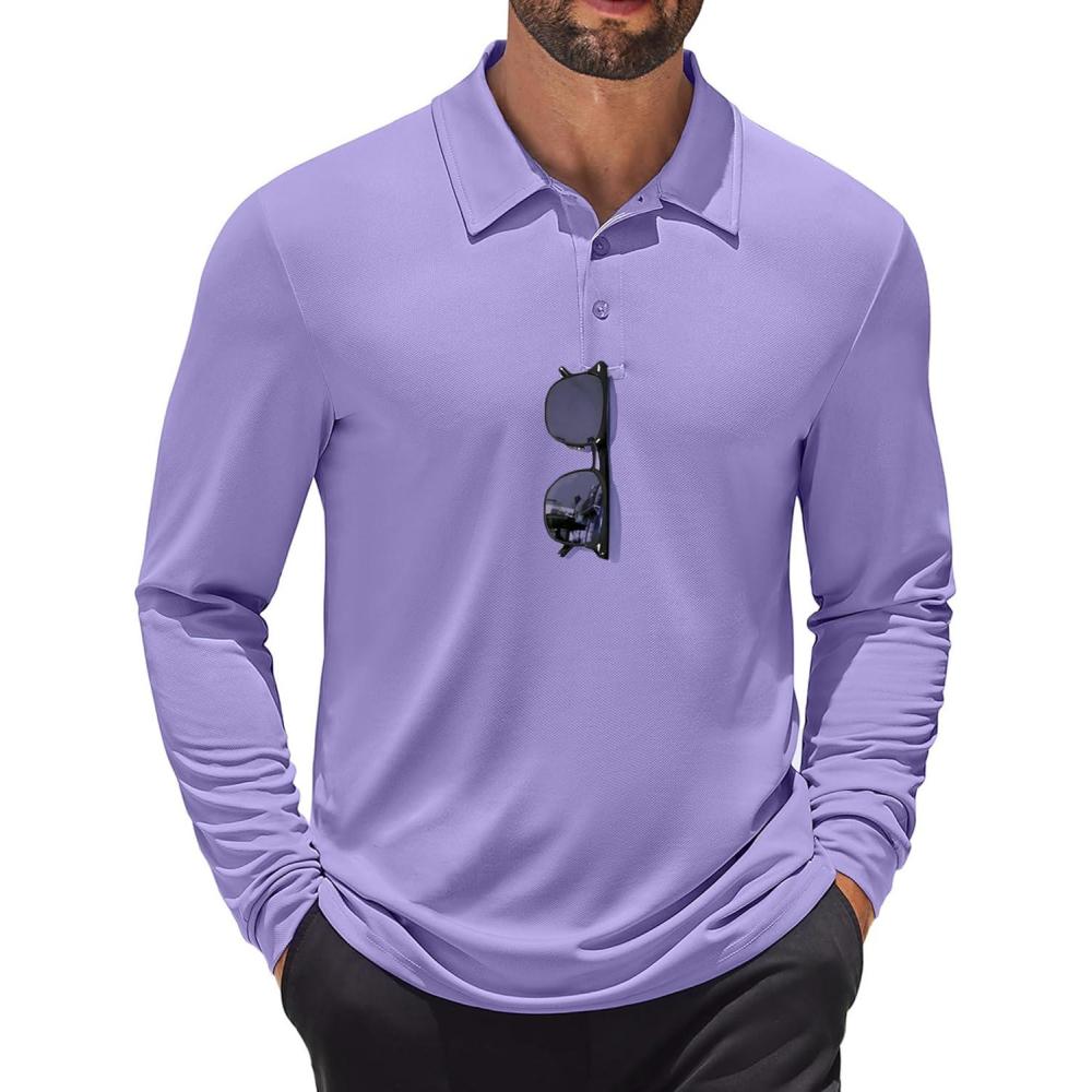 imageCOOFANDY Mens Polo Shirt Long Sleeve Moisture Wicking Sun Protection Quick Dry Golf Shirts Lightweight Collared Golf ShirtLilac