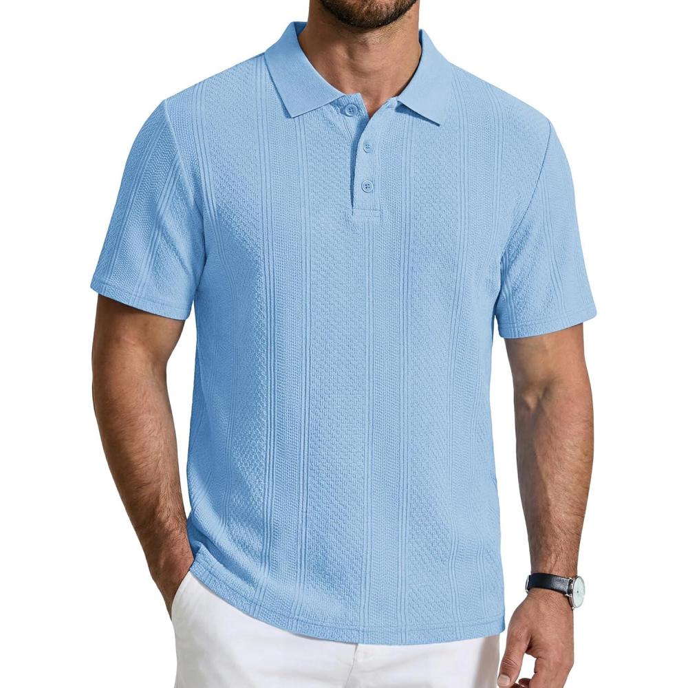 imageCOOFANDY Mens Polo Shirts Short Sleeve Casual Knit Textured Polo Shirt Summer Collared TShirtLight Blue