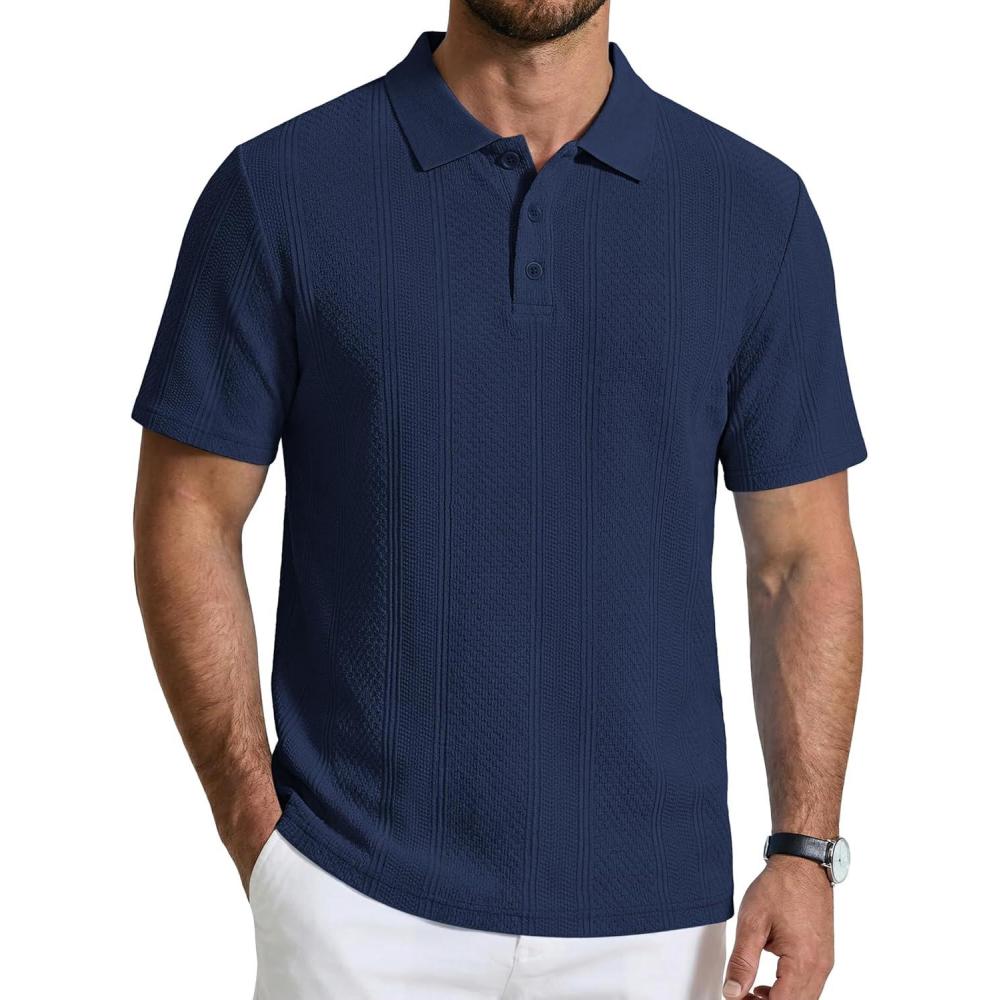 imageCOOFANDY Mens Polo Shirts Short Sleeve Casual Knit Textured Polo Shirt Summer Collared TShirtNavy Blue