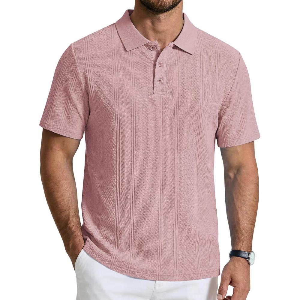 imageCOOFANDY Mens Polo Shirts Short Sleeve Casual Knit Textured Polo Shirt Summer Collared TShirtPink
