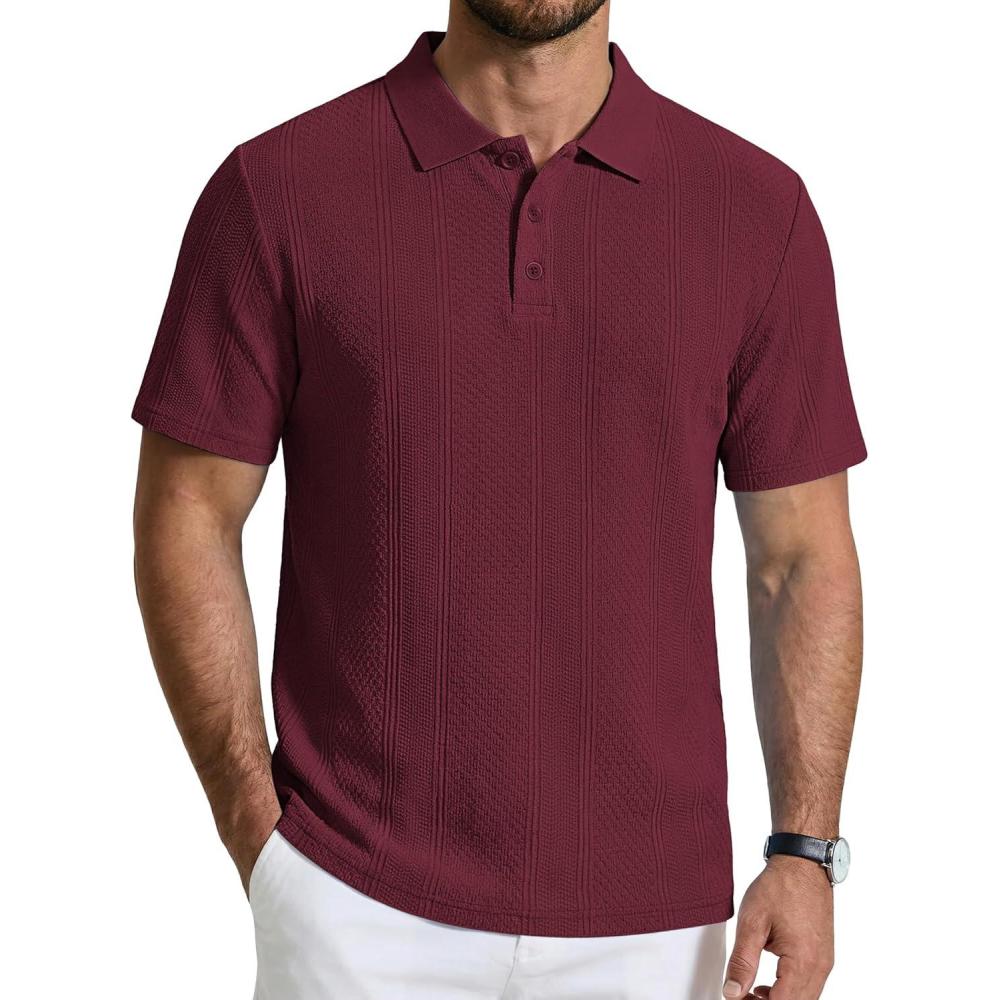 imageCOOFANDY Mens Polo Shirts Short Sleeve Casual Knit Textured Polo Shirt Summer Collared TShirtWine Red