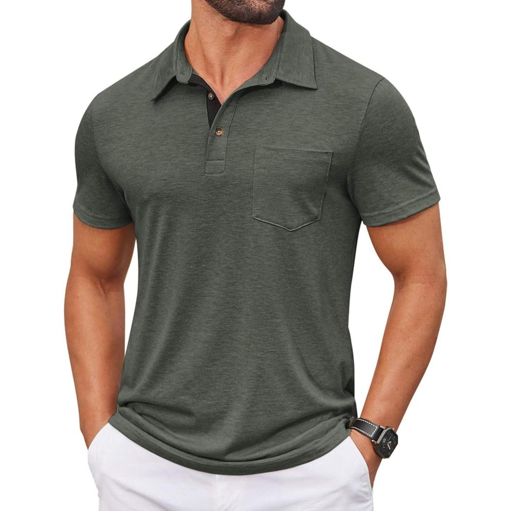 imageCOOFANDY Mens Polo Shirts Short Sleeve Casual Summer Collar Shirts Soft Breathable Polo Tee Shirts Classic Golf ShirtsDeep Army Green