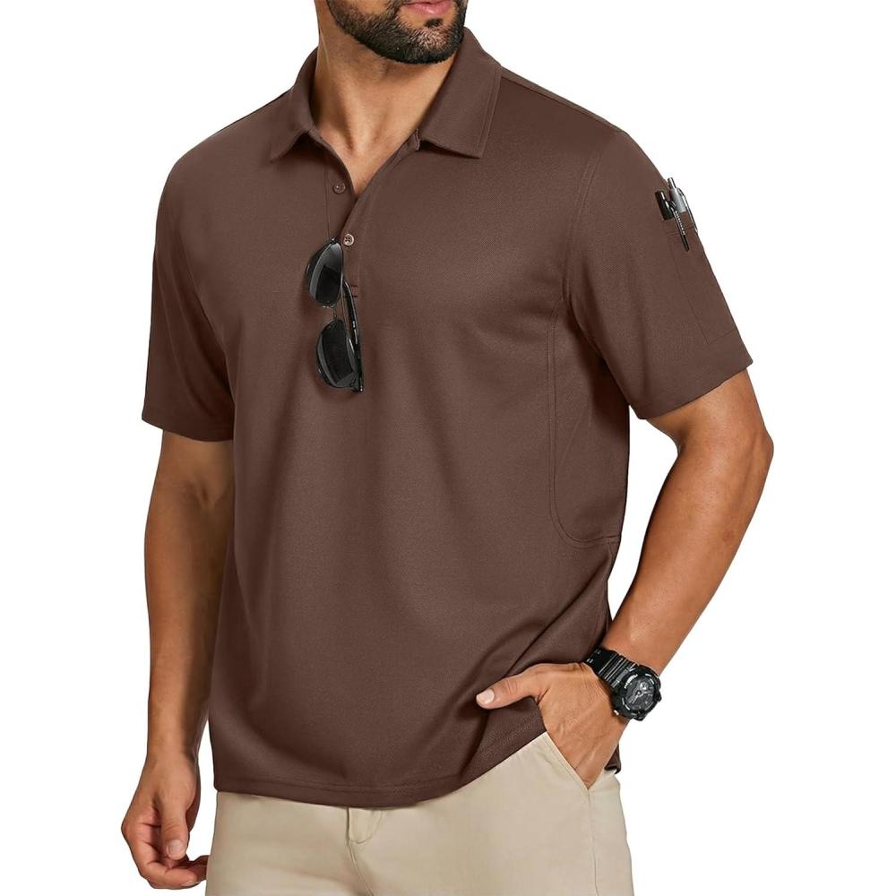 imageCOOFANDY Mens Polo Shirts Short Sleeve Quick Dry Performance Golf Polos Tactical Work Shirts with Pen PocketBrown