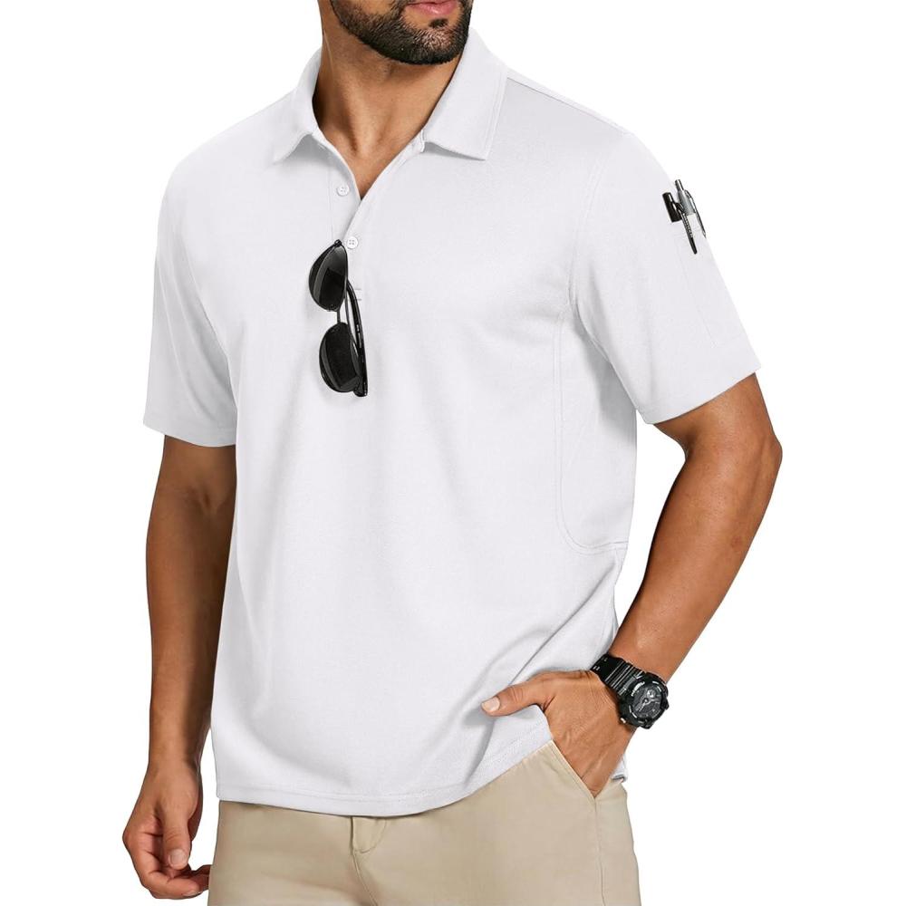 imageCOOFANDY Mens Polo Shirts Short Sleeve Quick Dry Performance Golf Polos Tactical Work Shirts with Pen PocketWhite