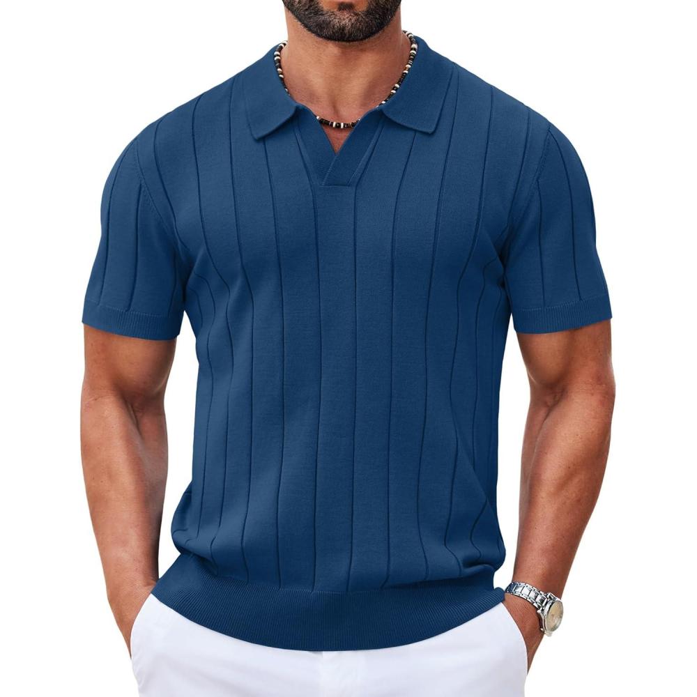 imageCOOFANDY Mens Polo Shirts Short Sleeve V Neck Knit Shirts for Men Casual Old Money Clothes Mens Golf ShirtLake Blue