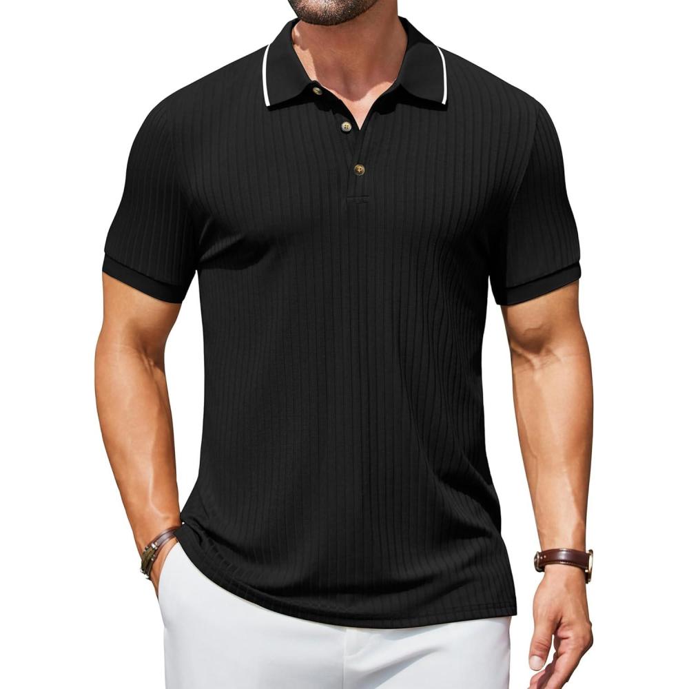 imageCOOFANDY Mens Textured Polo Shirts Short Sleeve Slim Fit Casual Button Polo TShirt Summer Collared Golf ShirtBlack White Striped