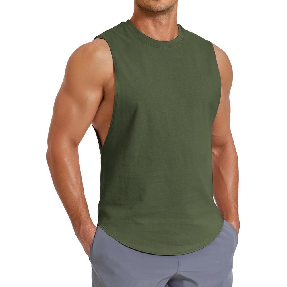 imageCOOFANDY Mens Workout Tank Tops Cut Off Bodybuilding Fitness Muscle Shirts Wide Armholes Summer Sleeveless ShirtArmy Green