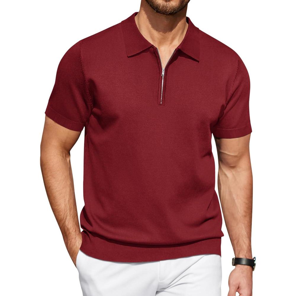 imageCOOFANDY Mens Zipper Polo Shirt Casual Knit Short Sleeve Polo T Shirt Classic Fit ShirtsSolid Wine Red