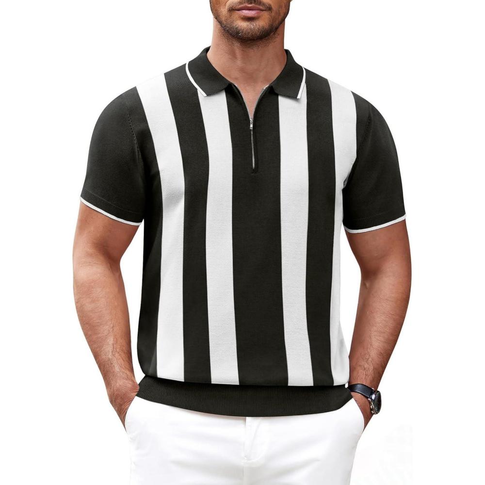 imageCOOFANDY Mens Zipper Polo Shirt Casual Knit Short Sleeve Polo T Shirt Classic Fit ShirtsZstripes Black White