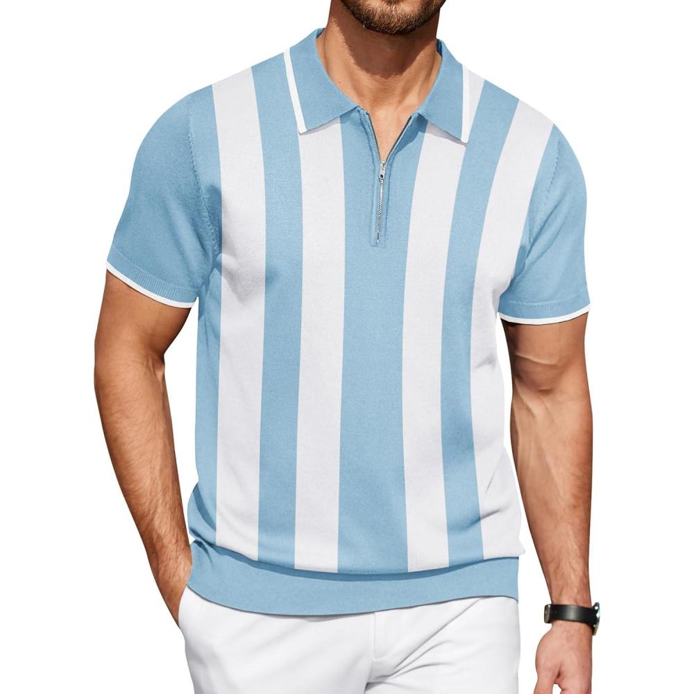 imageCOOFANDY Mens Zipper Polo Shirt Casual Knit Short Sleeve Polo T Shirt Classic Fit ShirtsZstripes Light Blue White