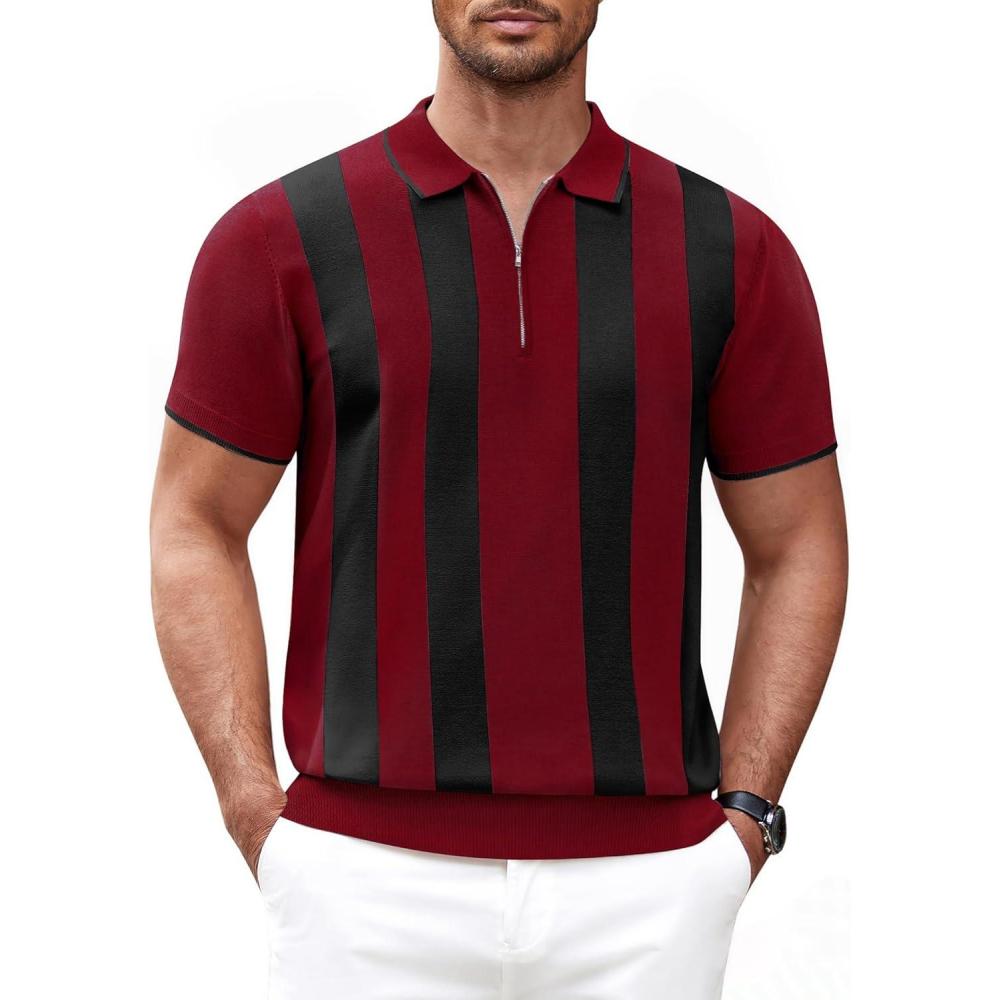 imageCOOFANDY Mens Zipper Polo Shirt Casual Knit Short Sleeve Polo T Shirt Classic Fit ShirtsZstripes Red Black