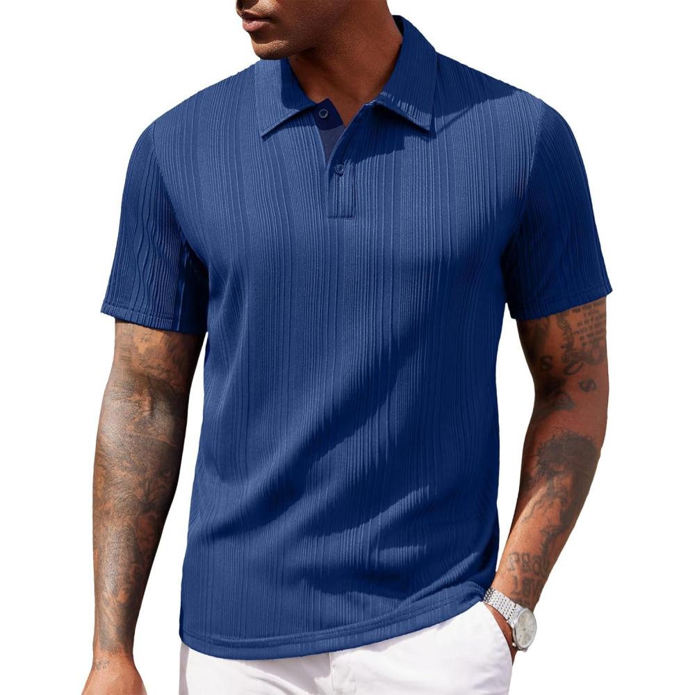 imageCOOFANDY Polo Shirts for Men Short Sleeve Shirts Casual Stylish Collared Summer Textured Knit ShirtsBlue