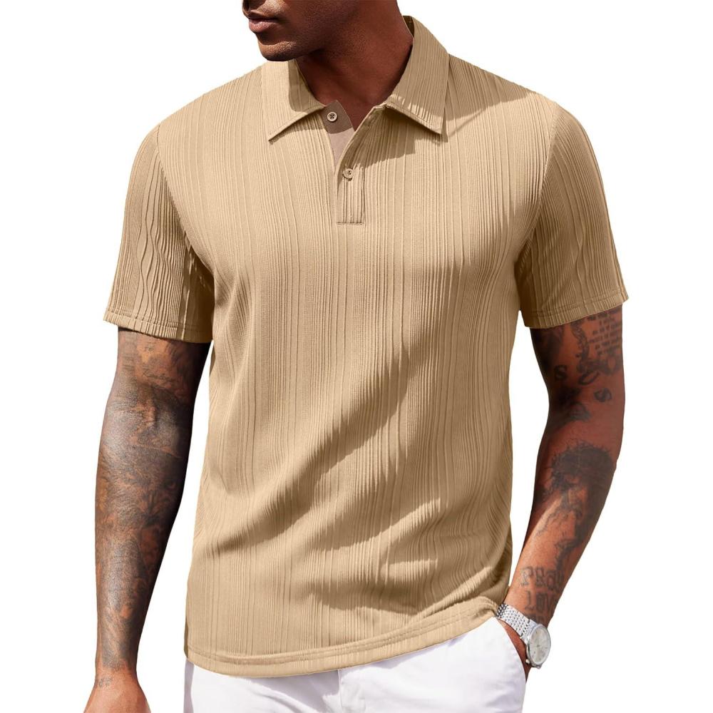 imageCOOFANDY Polo Shirts for Men Short Sleeve Shirts Casual Stylish Collared Summer Textured Knit ShirtsKhaki