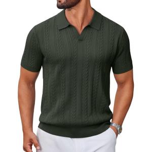 COOFANDY Men’s Knitted V-Neck Polo Shirt Short Sleeve Textured Casual Summer Golf Shirts(Dark Green)