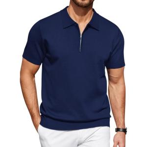 COOFANDY Men’s Zipper Polo Shirt Casual Knit Short Sleeve Polo T Shirt Classic Fit Shirts(Navy Blue-solid-new)