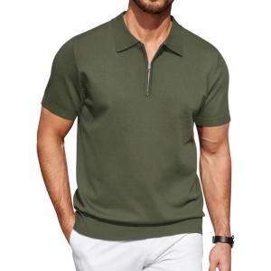COOFANDY Men’s Zipper Polo Shirt Casual Knit Short Sleeve Polo T Shirt Classic Fit Shirts(Solid- Army Green)