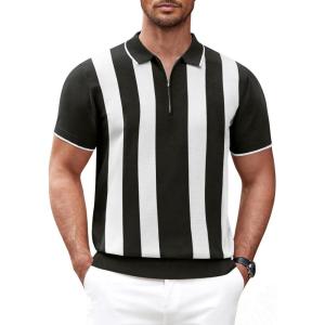 COOFANDY Men’s Zipper Polo Shirt Casual Knit Short Sleeve Polo T Shirt Classic Fit Shirts(Z-stripes – Black & White)
