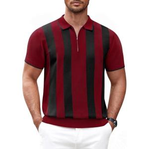 COOFANDY Men’s Zipper Polo Shirt Casual Knit Short Sleeve Polo T Shirt Classic Fit Shirts(Z-stripes – Red & Black)