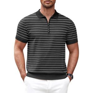 COOFANDY Men’s Zipper Polo Shirt Casual Knit Short Sleeve Polo T Shirt Classic Fit Shirts(Z-stripes -Black)