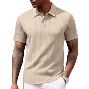 COOFANDY Polo Shirts for Men Short Sleeve Shirts Casual Stylish Collared Summer Textured Knit Shirts(02 Beige)