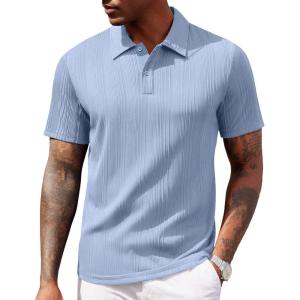 COOFANDY Polo Shirts for Men Short Sleeve Shirts Casual Stylish Collared Summer Textured Knit Shirts(Clear Blue)