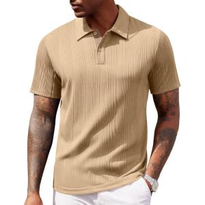 COOFANDY Polo Shirts for Men Short Sleeve Shirts Casual Stylish Collared Summer Textured Knit Shirts(Khaki)