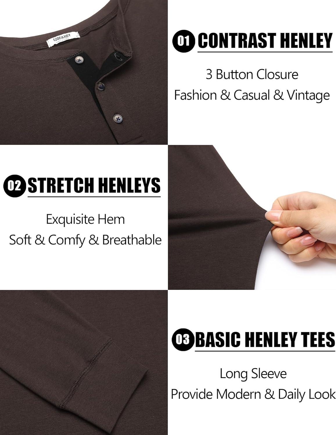 imageCOOFANDY Mens Long Sleeve Henley Shirts Cotton TShirts Casual Pullover Shirt Soft Stretch Basic Tees Fall TopsBrown