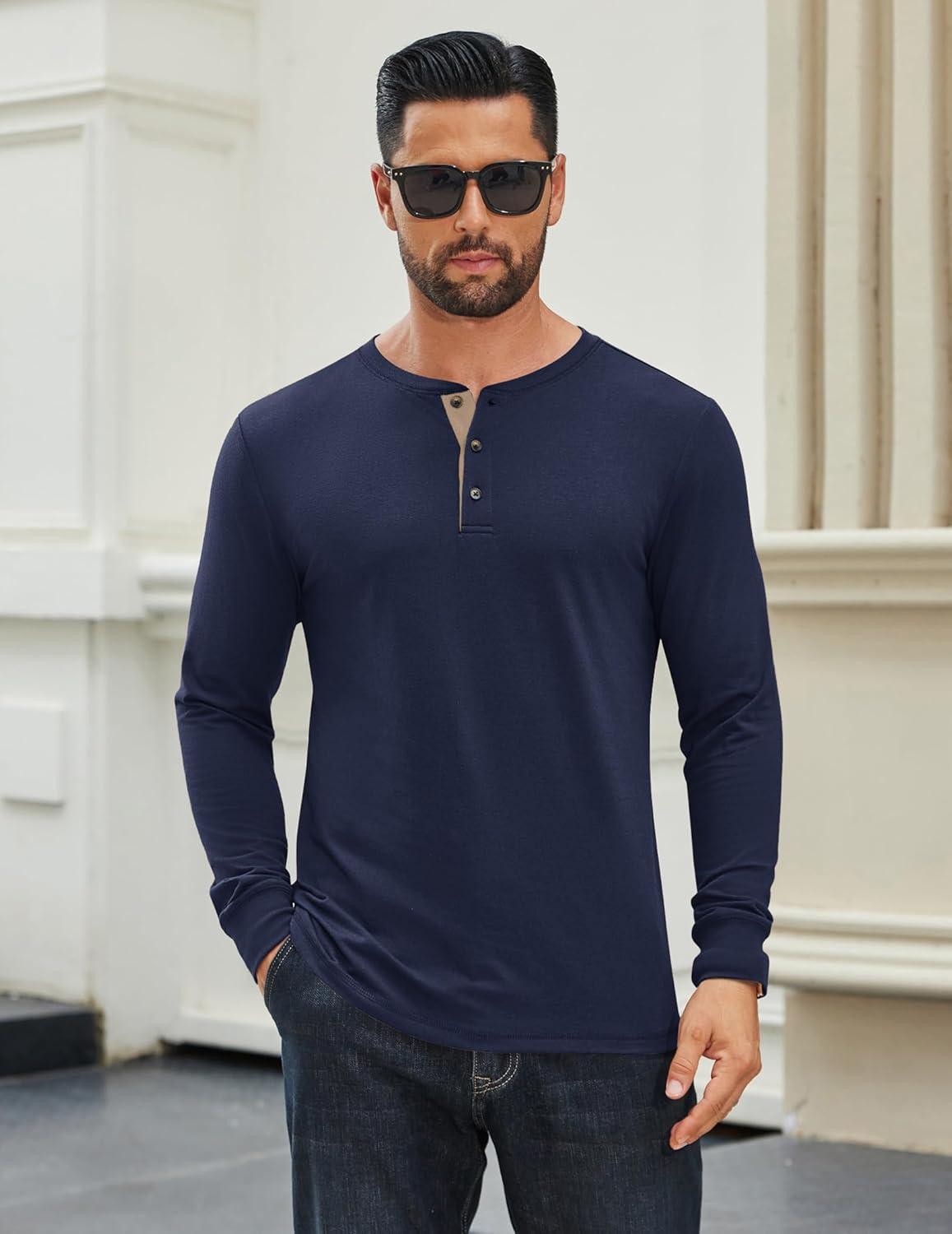 imageCOOFANDY Mens Long Sleeve Henley Shirts Cotton TShirts Casual Pullover Shirt Soft Stretch Basic Tees Fall TopsNavy Blue 02 Khaki Collar