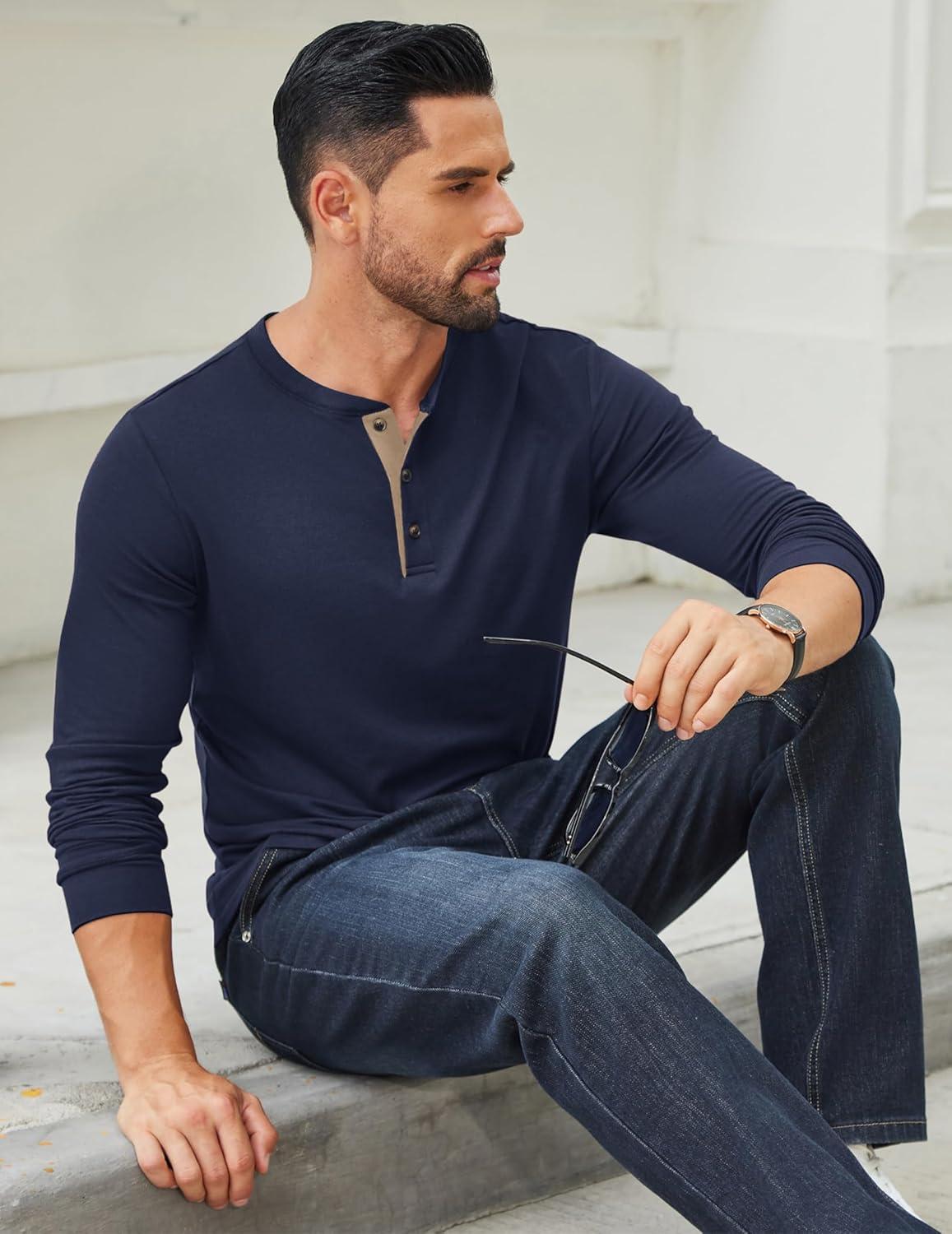 imageCOOFANDY Mens Long Sleeve Henley Shirts Cotton TShirts Casual Pullover Shirt Soft Stretch Basic Tees Fall TopsNavy Blue 02 Khaki Collar
