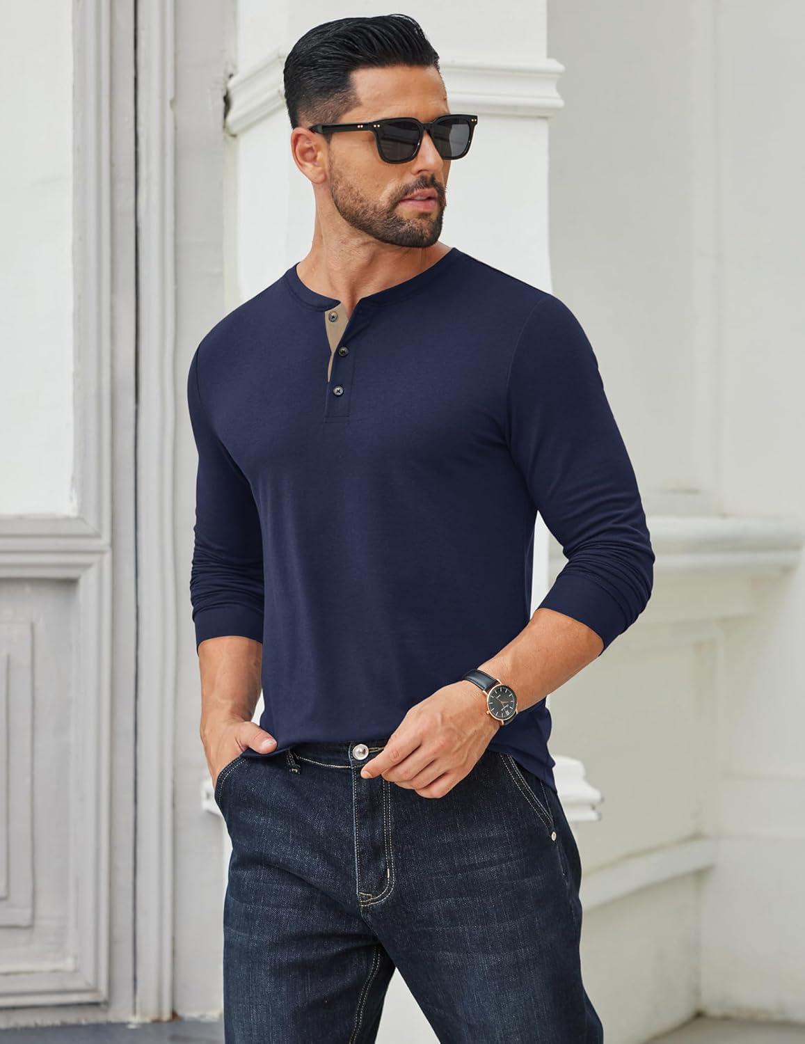 imageCOOFANDY Mens Long Sleeve Henley Shirts Cotton TShirts Casual Pullover Shirt Soft Stretch Basic Tees Fall TopsNavy Blue 02 Khaki Collar