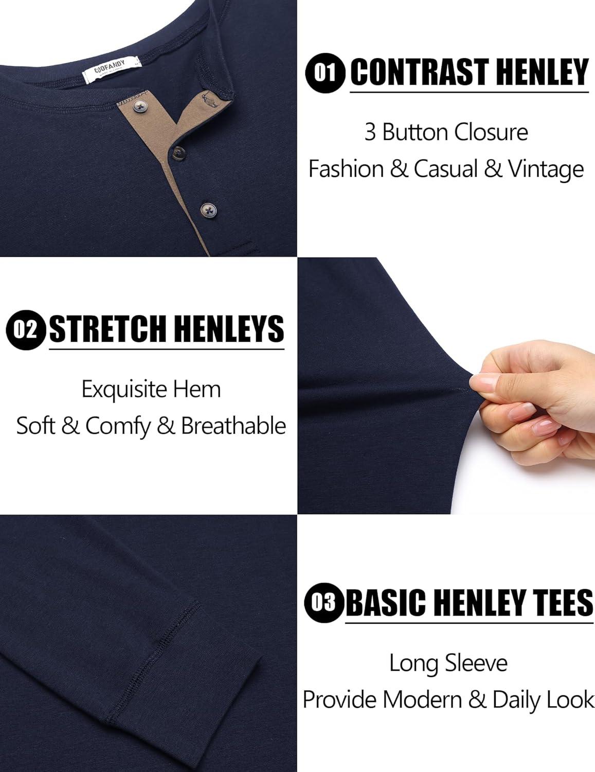 imageCOOFANDY Mens Long Sleeve Henley Shirts Cotton TShirts Casual Pullover Shirt Soft Stretch Basic Tees Fall TopsNavy Blue 02 Khaki Collar