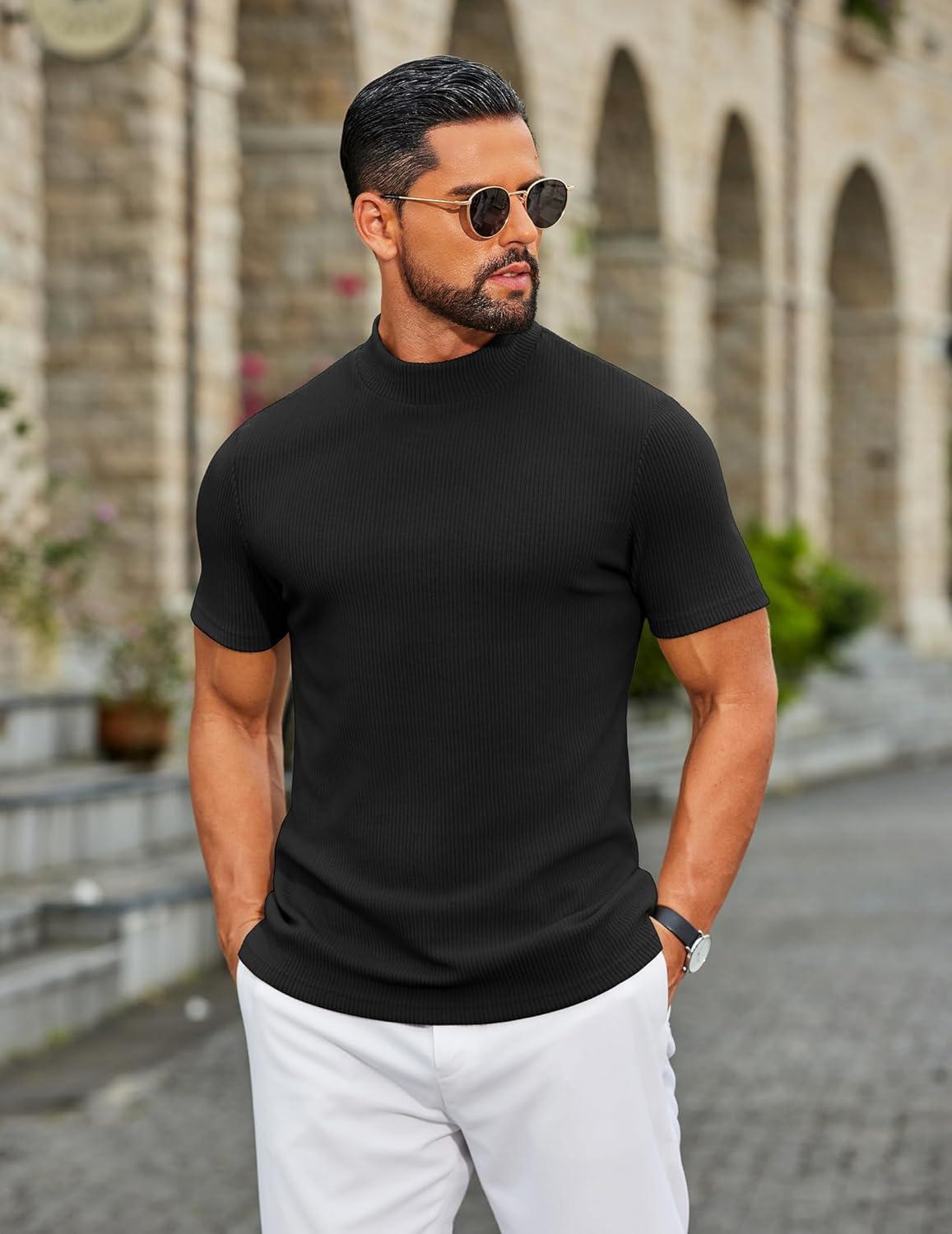imageCOOFANDY Mens Mock Turtleneck Short Sleeve Soft Lightweight Sweater Ribbed Knit Pullover Casual Basic TopsAblack