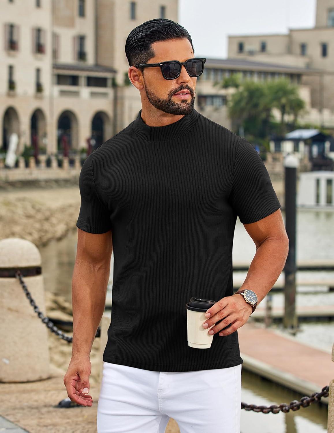 imageCOOFANDY Mens Mock Turtleneck Short Sleeve Soft Lightweight Sweater Ribbed Knit Pullover Casual Basic TopsAblack
