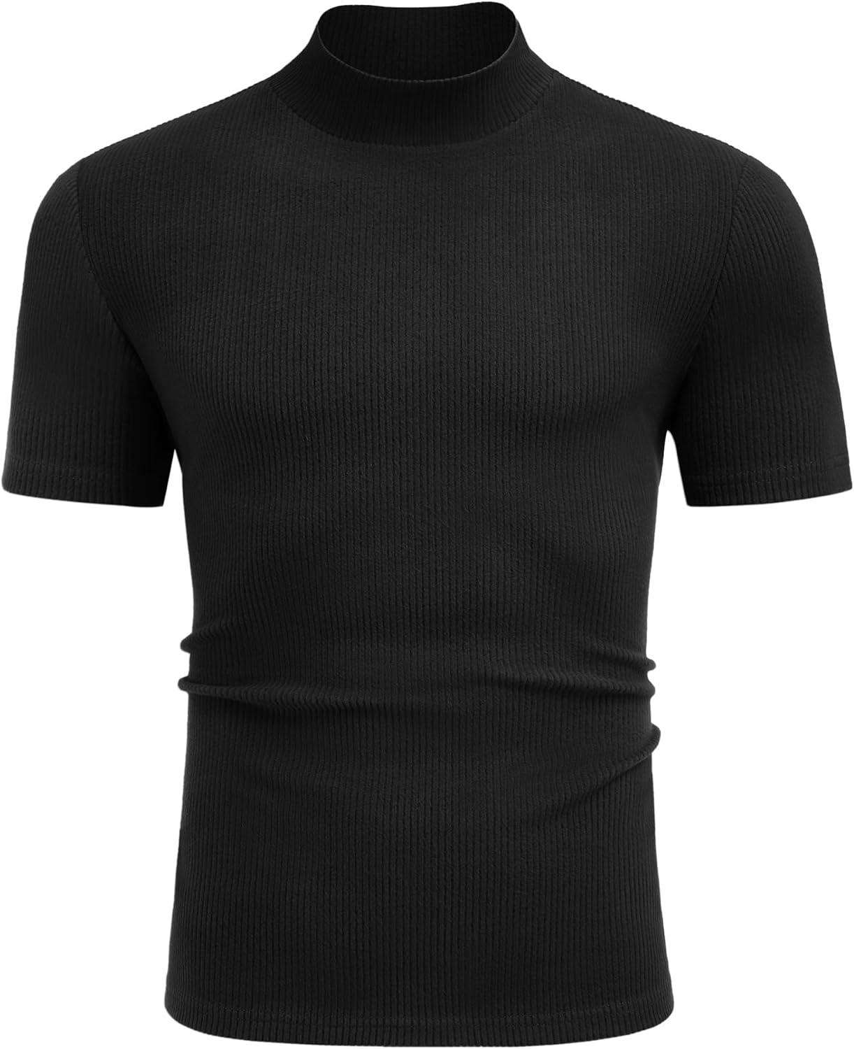 imageCOOFANDY Mens Mock Turtleneck Short Sleeve Soft Lightweight Sweater Ribbed Knit Pullover Casual Basic TopsAblack