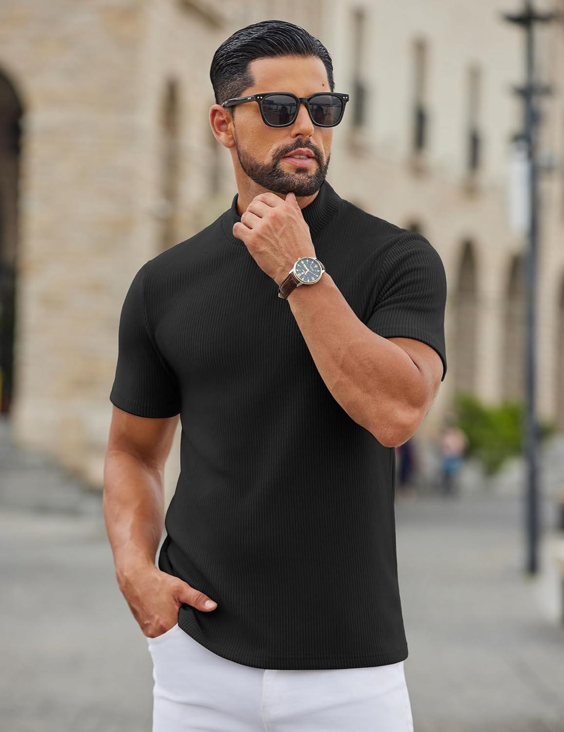imageCOOFANDY Mens Mock Turtleneck Short Sleeve Soft Lightweight Sweater Ribbed Knit Pullover Casual Basic TopsAblack