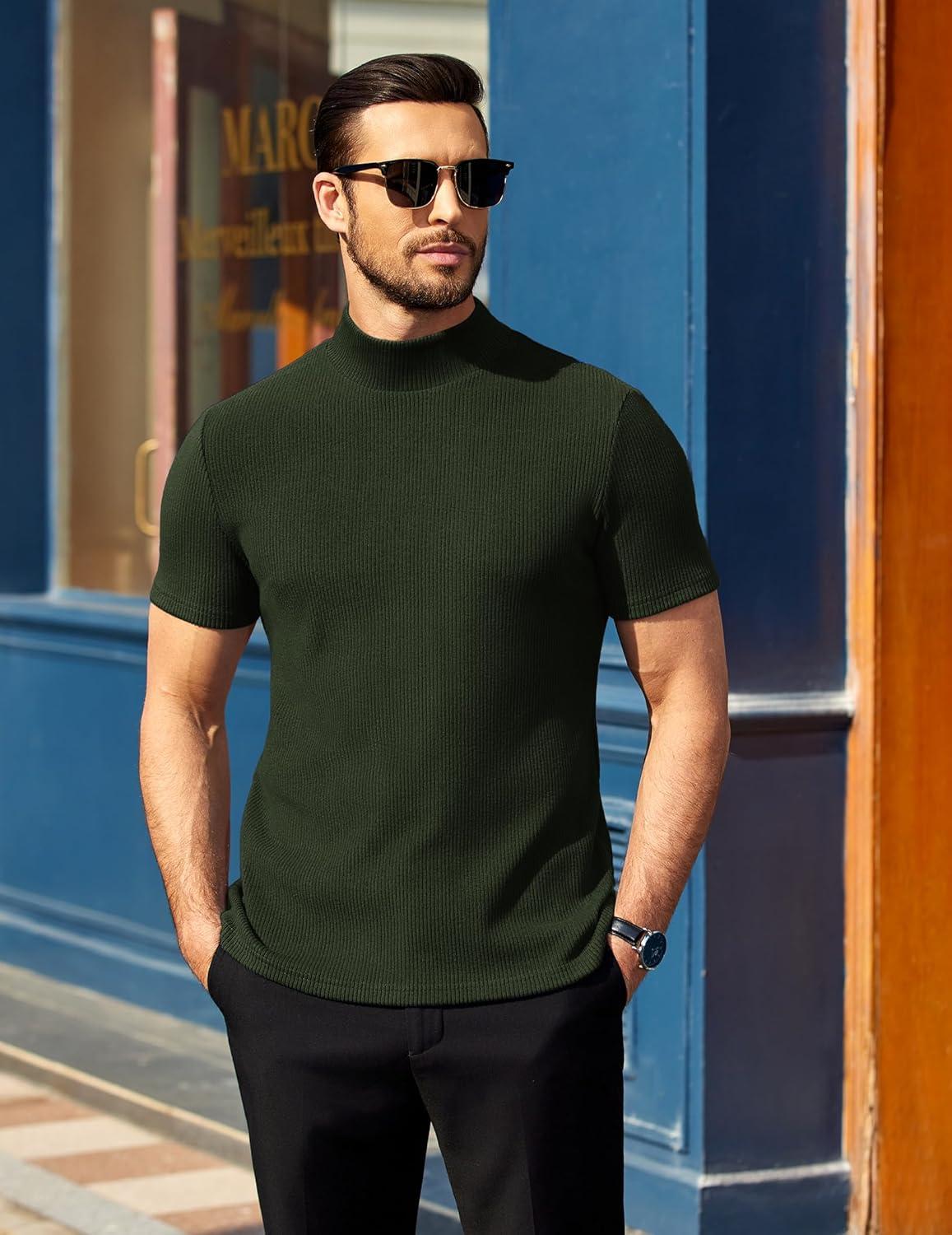 imageCOOFANDY Mens Mock Turtleneck Short Sleeve Soft Lightweight Sweater Ribbed Knit Pullover Casual Basic TopsArmy Green