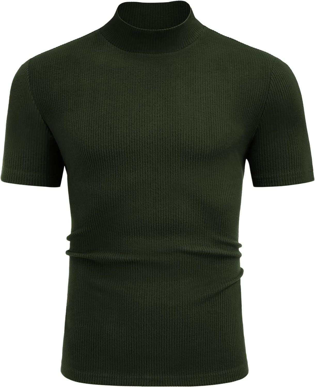 imageCOOFANDY Mens Mock Turtleneck Short Sleeve Soft Lightweight Sweater Ribbed Knit Pullover Casual Basic TopsArmy Green