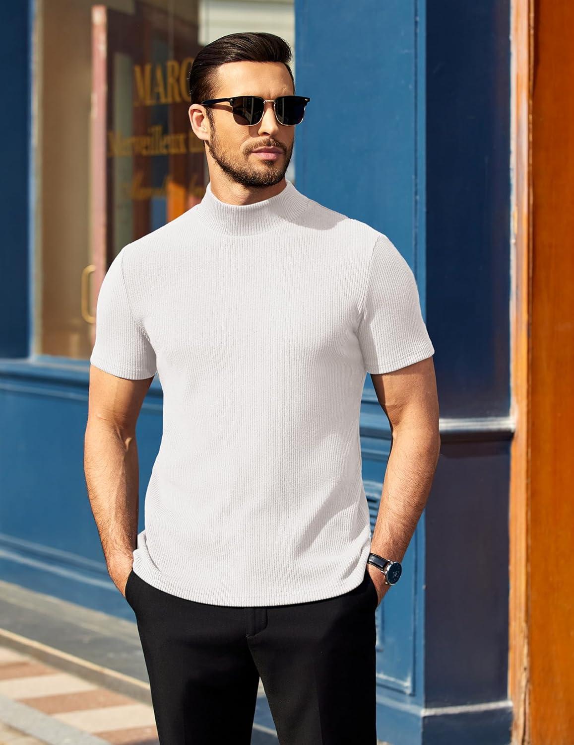 imageCOOFANDY Mens Mock Turtleneck Short Sleeve Soft Lightweight Sweater Ribbed Knit Pullover Casual Basic TopsAwhite