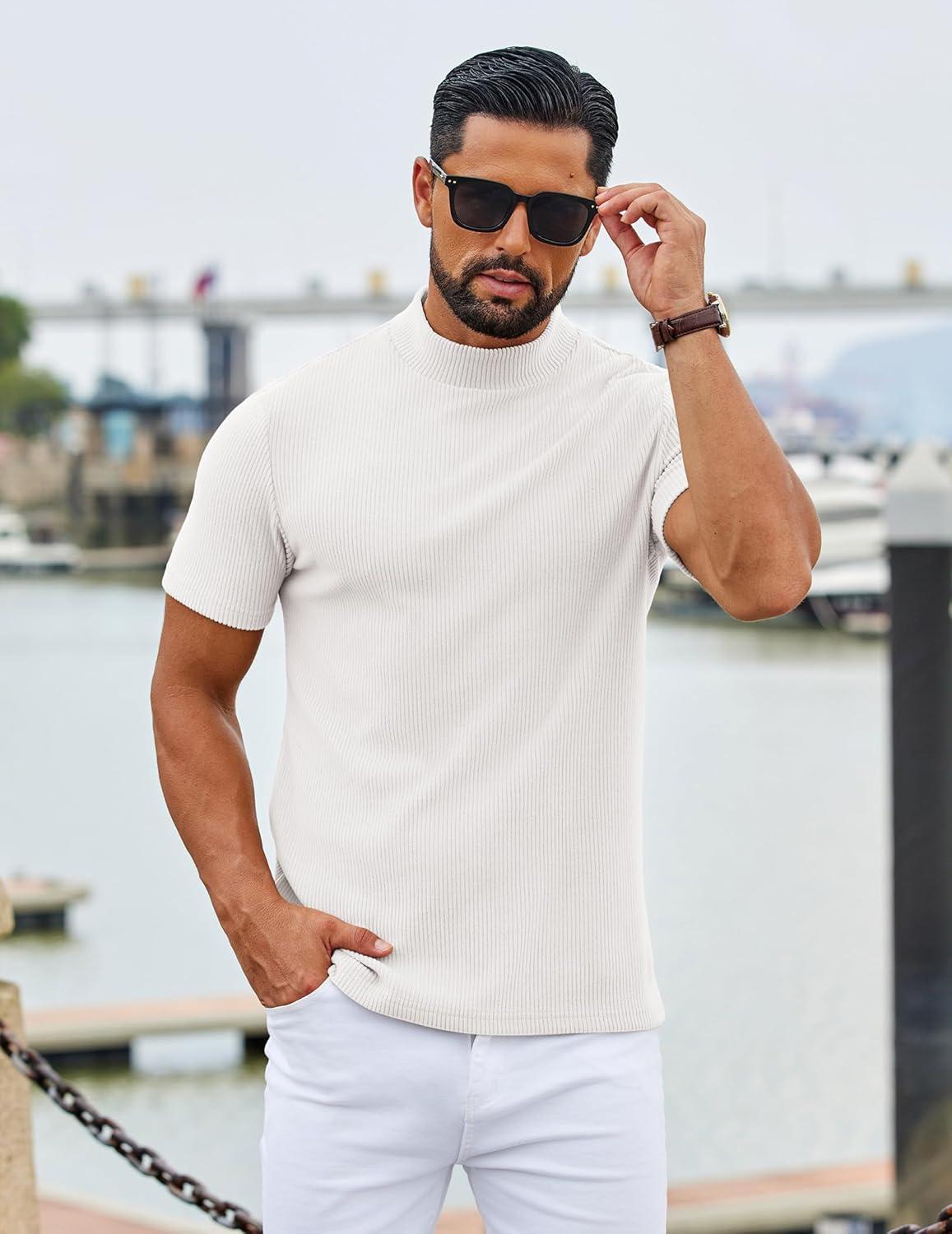 imageCOOFANDY Mens Mock Turtleneck Short Sleeve Soft Lightweight Sweater Ribbed Knit Pullover Casual Basic TopsAwhite