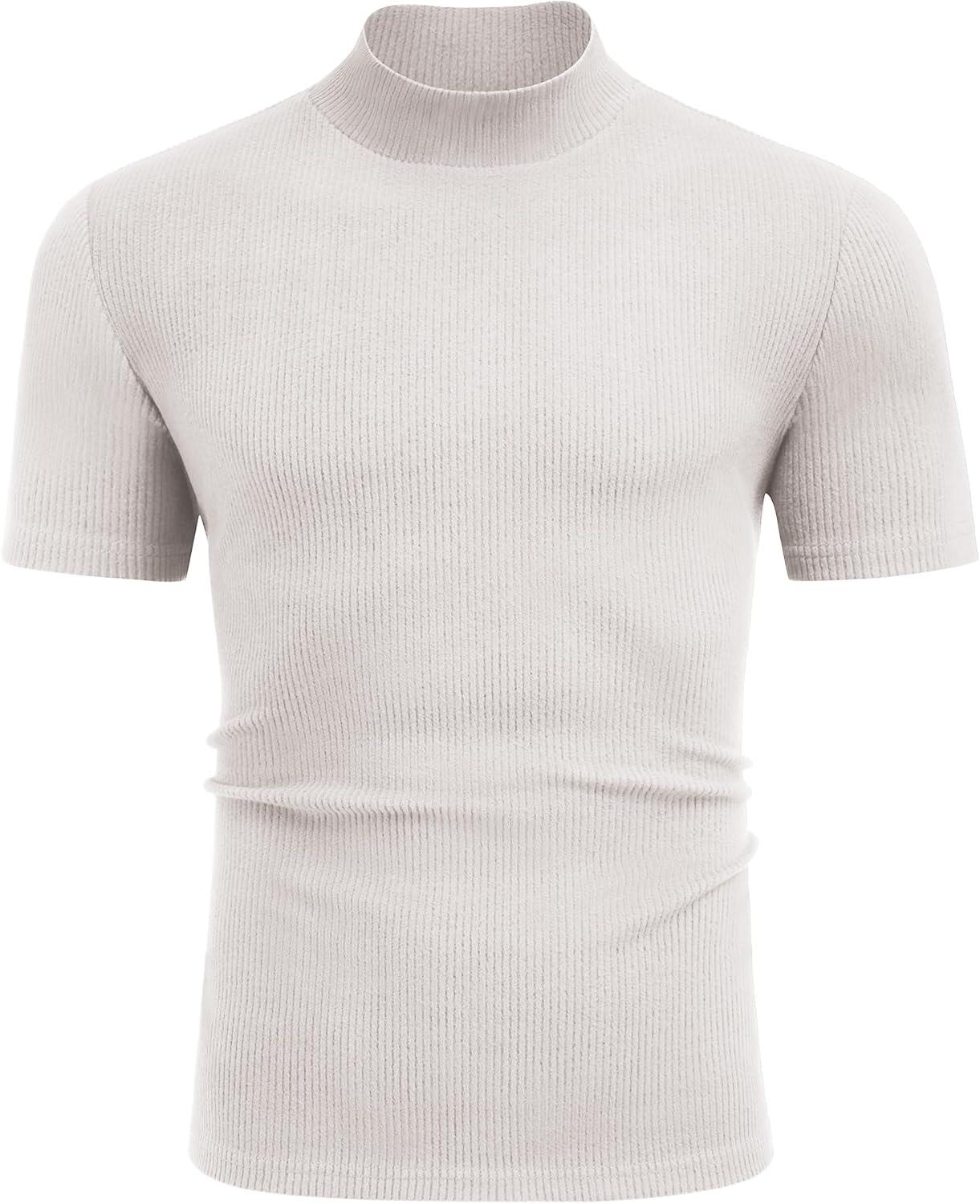 imageCOOFANDY Mens Mock Turtleneck Short Sleeve Soft Lightweight Sweater Ribbed Knit Pullover Casual Basic TopsAwhite