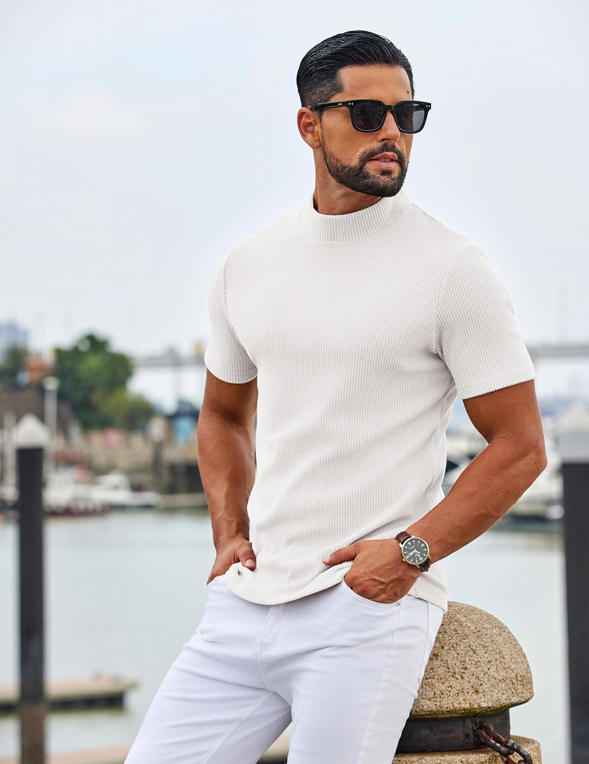 imageCOOFANDY Mens Mock Turtleneck Short Sleeve Soft Lightweight Sweater Ribbed Knit Pullover Casual Basic TopsAwhite