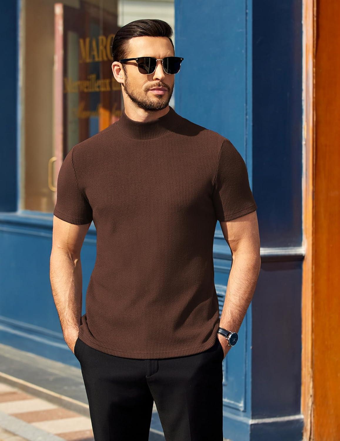 imageCOOFANDY Mens Mock Turtleneck Short Sleeve Soft Lightweight Sweater Ribbed Knit Pullover Casual Basic TopsBrown