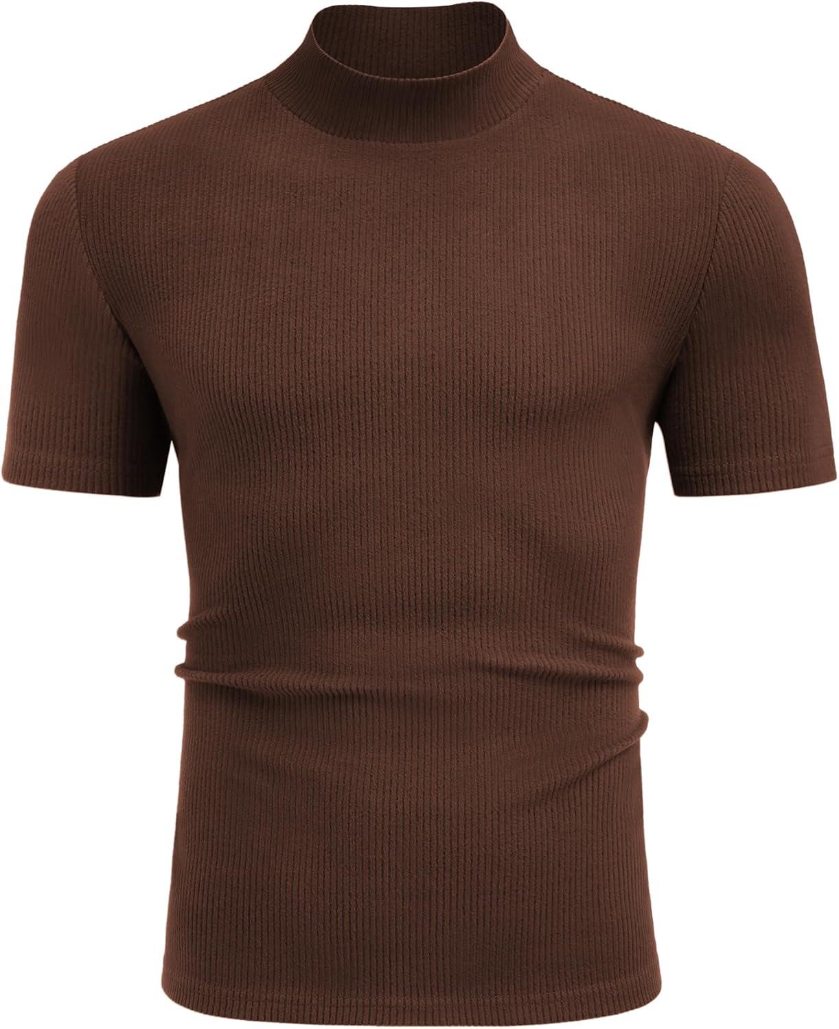 imageCOOFANDY Mens Mock Turtleneck Short Sleeve Soft Lightweight Sweater Ribbed Knit Pullover Casual Basic TopsBrown