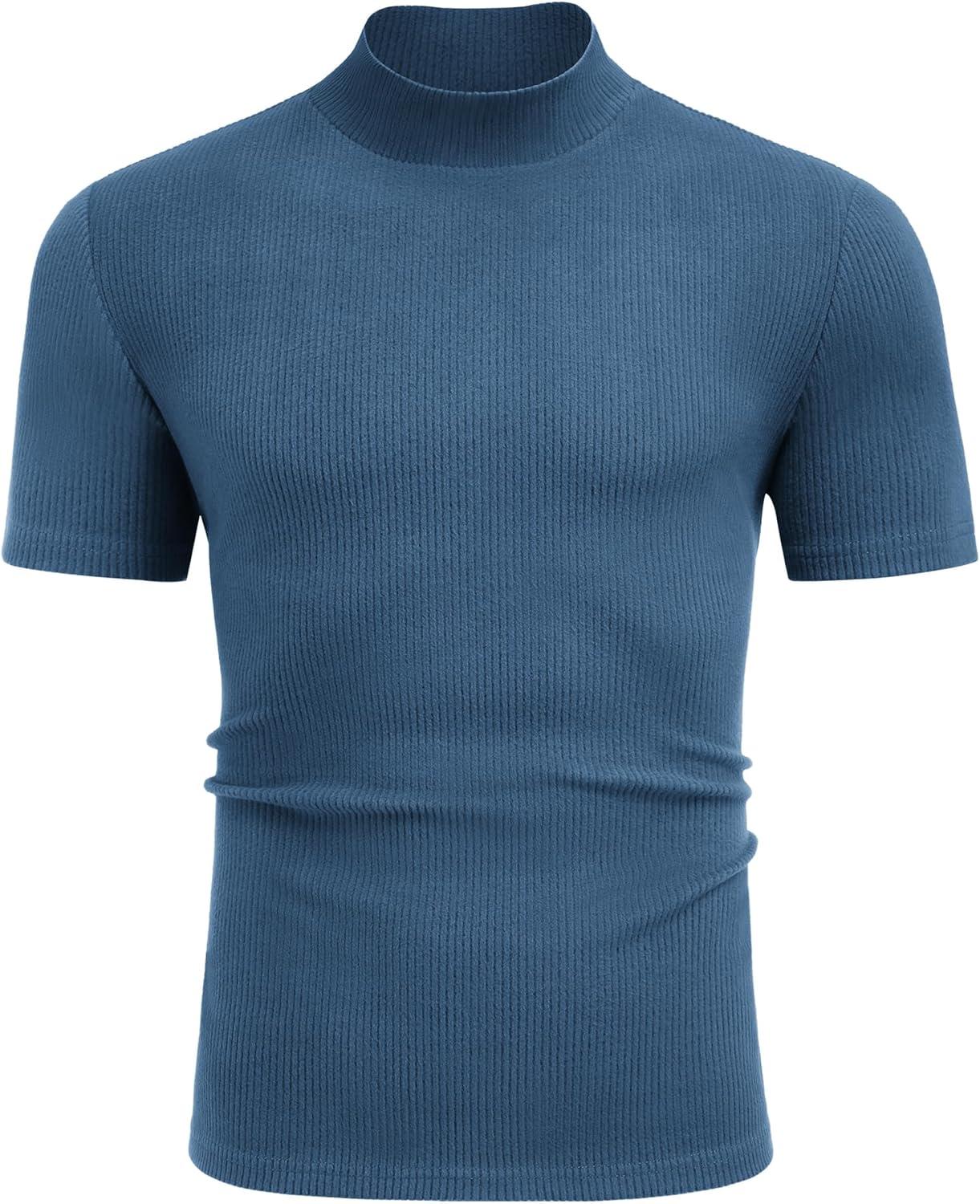 imageCOOFANDY Mens Mock Turtleneck Short Sleeve Soft Lightweight Sweater Ribbed Knit Pullover Casual Basic TopsDark Blue