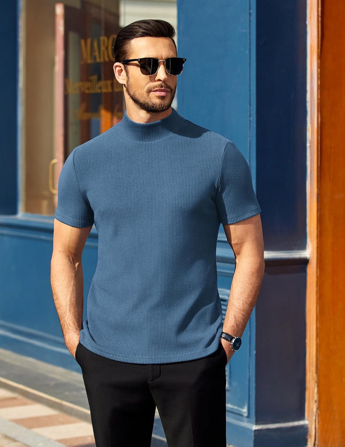 imageCOOFANDY Mens Mock Turtleneck Short Sleeve Soft Lightweight Sweater Ribbed Knit Pullover Casual Basic TopsDark Blue