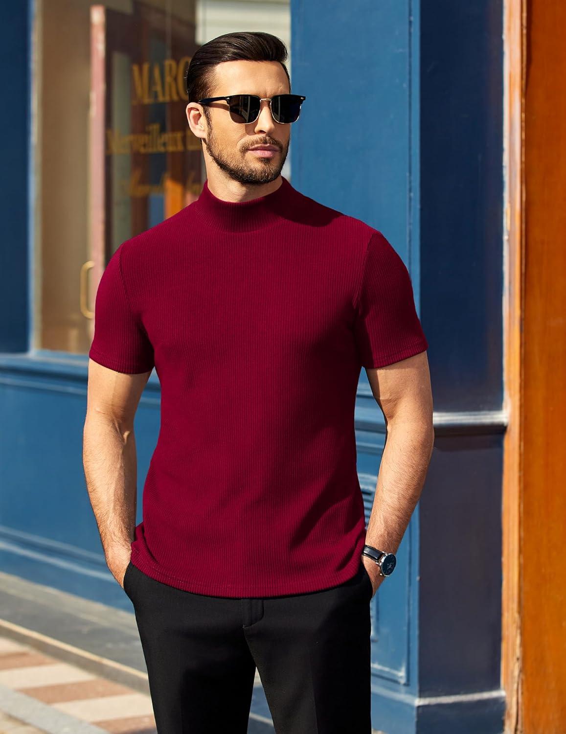 imageCOOFANDY Mens Mock Turtleneck Short Sleeve Soft Lightweight Sweater Ribbed Knit Pullover Casual Basic TopsDark Red