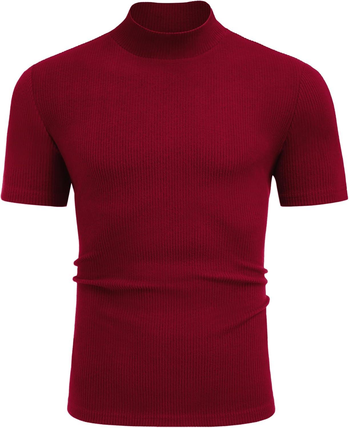 imageCOOFANDY Mens Mock Turtleneck Short Sleeve Soft Lightweight Sweater Ribbed Knit Pullover Casual Basic TopsDark Red