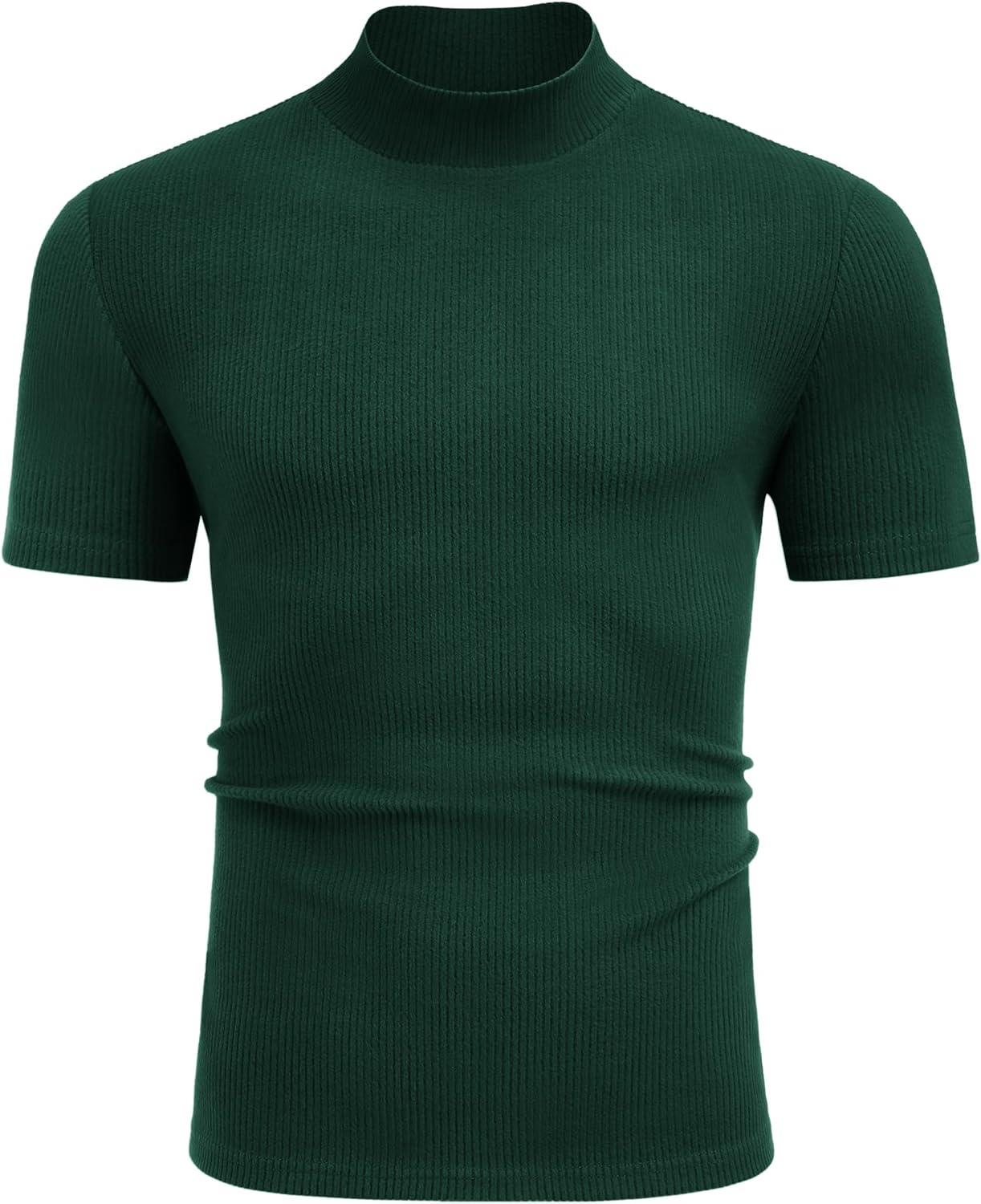 imageCOOFANDY Mens Mock Turtleneck Short Sleeve Soft Lightweight Sweater Ribbed Knit Pullover Casual Basic TopsGreen